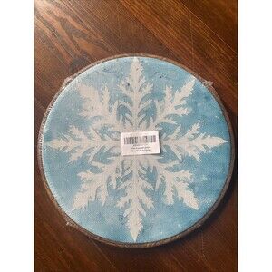 Round Snowflake Winter Print Canvas Wood Frame 10" Bracket Snowflake